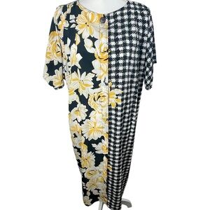 Tema Black and White Houndstooth and Yellow Floral Kaftan made in Italy
